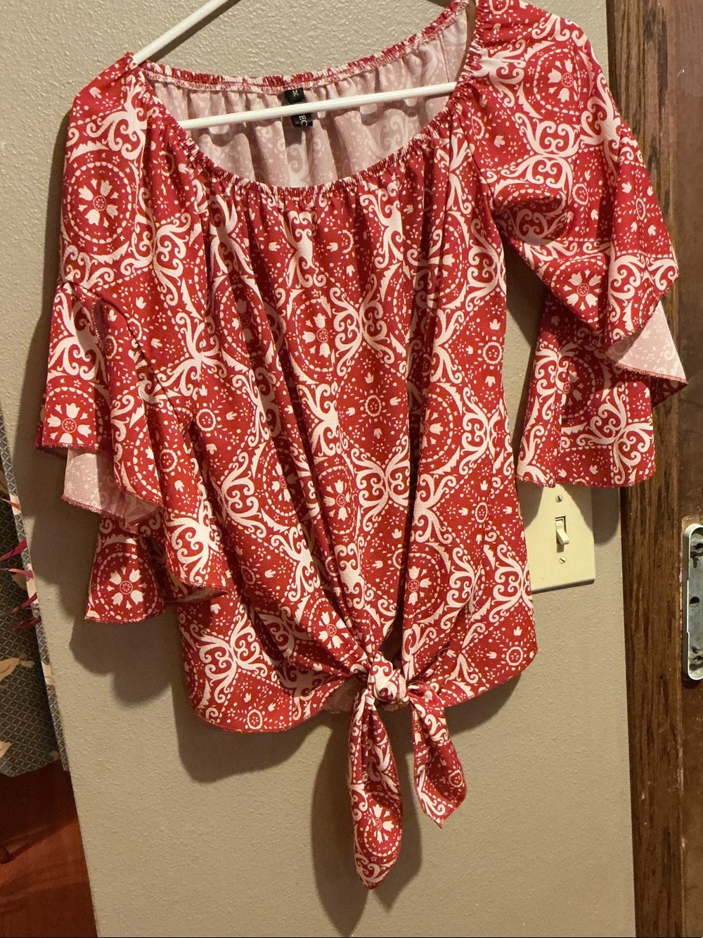 Red Paisley Tie-Front Blouse with Flutter Sleeves